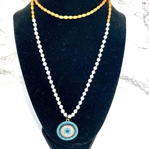 Greek eye boho style wood beaded necklace